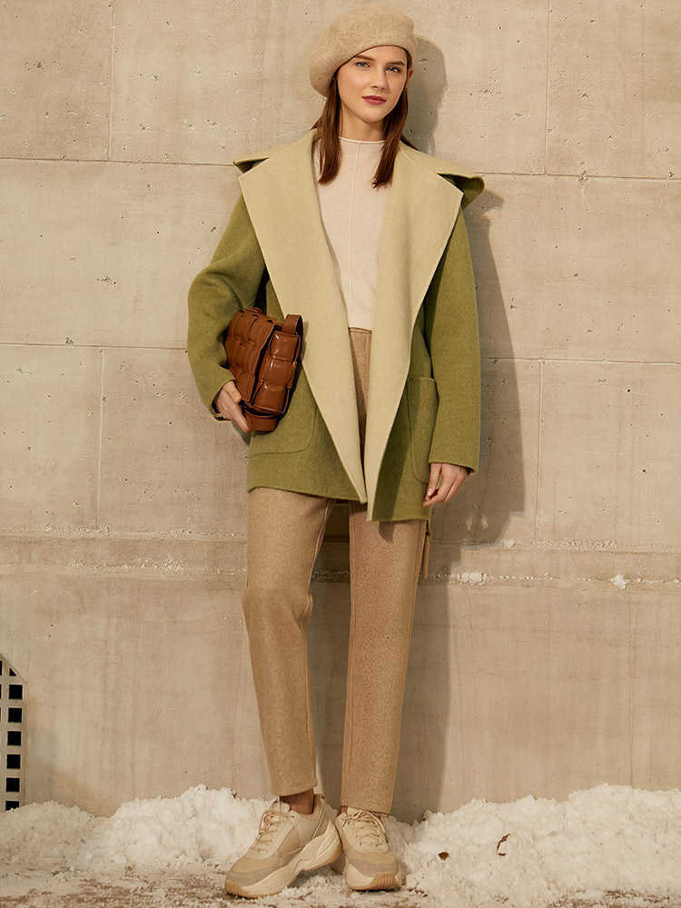 Minimalism Winter Coat Women Fashion Patchwork Lapel Belt Loose 100%wool Double-sided Woolen Female Jacket 12030528 210527