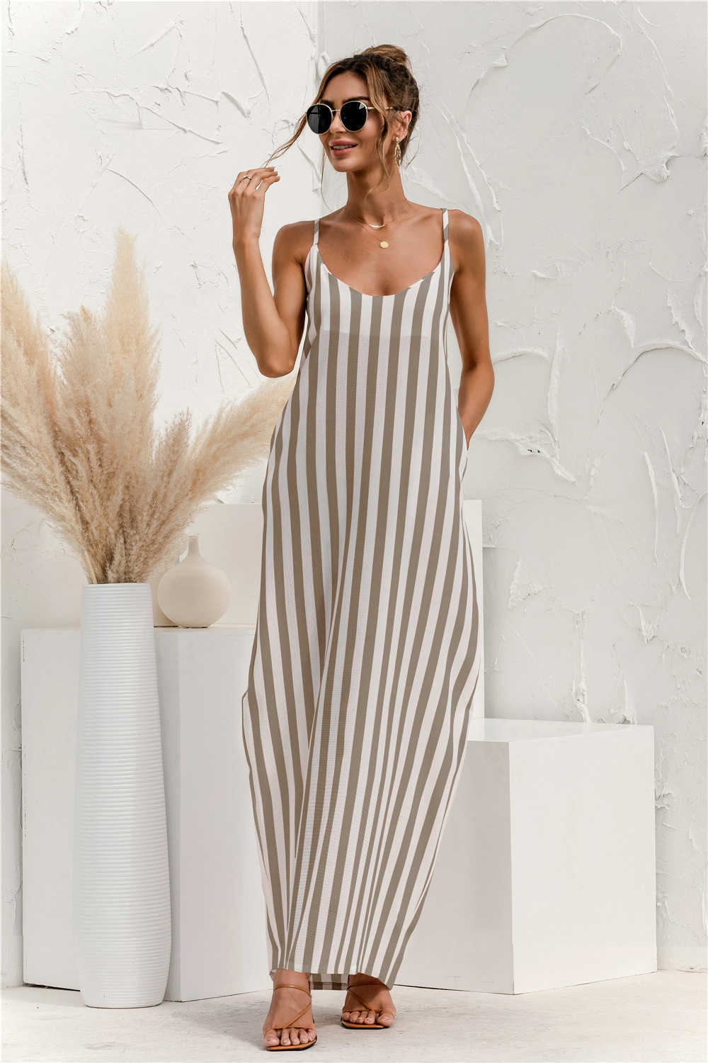 Striped Backless Bohemian Maxi Dress Women Summer Sexy Spaghetti Strap Pocket Casual Loose Holiday Beach Robe Femme Vestidos 210526