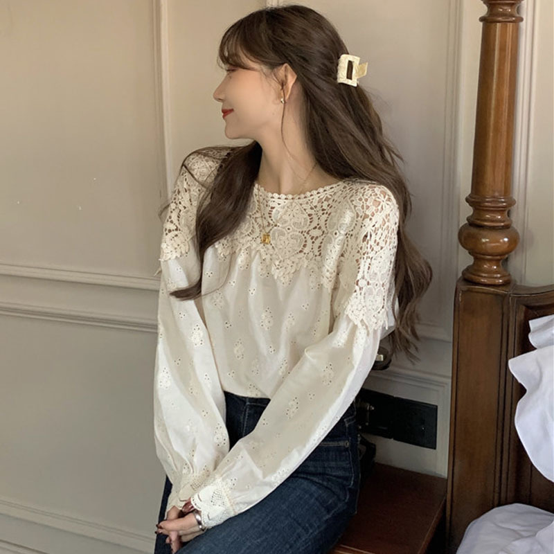 Plus Size Spring Lace Women Blouse O Neck Crochet Hollow Stitching Shirt Korean Style Apricot Gentle Long Sleeve Tops 13354 210427