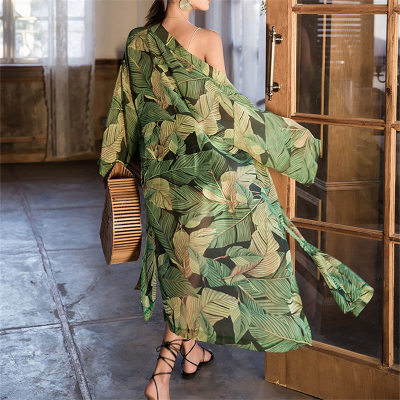 Boho Bohemian Print Blue Summer Beach Wear Long Kimono Women Swimsuit Cover Up Plus Size Bikini Coverup Sarong Plage A127 210420