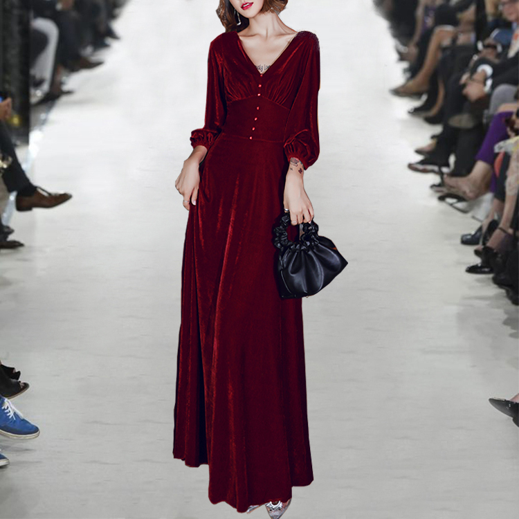Autumn Winter Velvet Lantern Sleeve Sexy V-Neck Women Dress Elegant High Waist Ladies Formal Slim Big swing Dresses 210519
