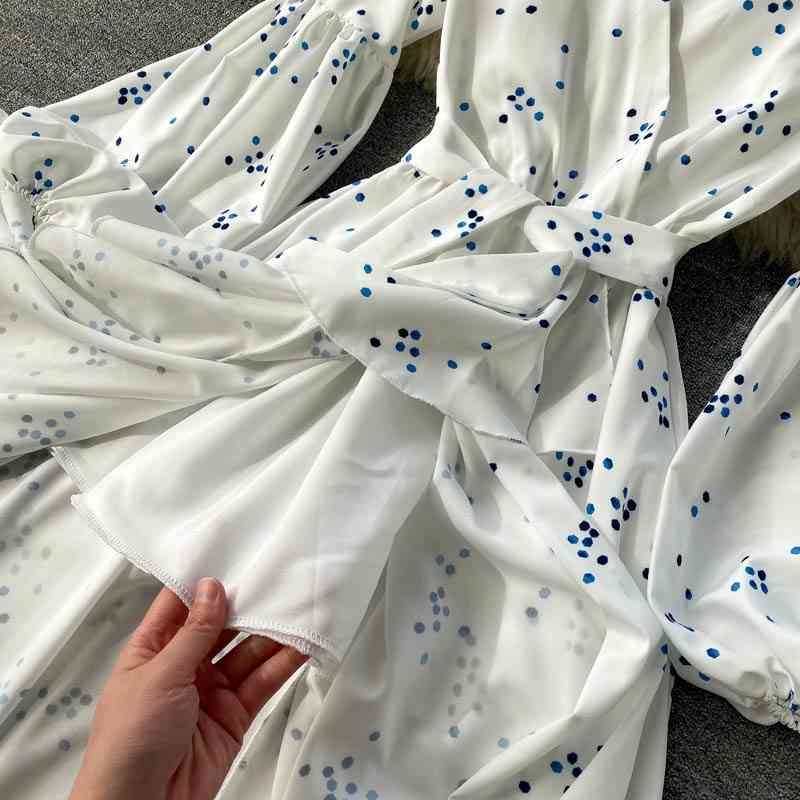 LoveFlowerLife Spring Autumn Elegant Polka Dot Floral Print Dress V Neck A Line Puff Sleeve High Waist Women Dresses 210521
