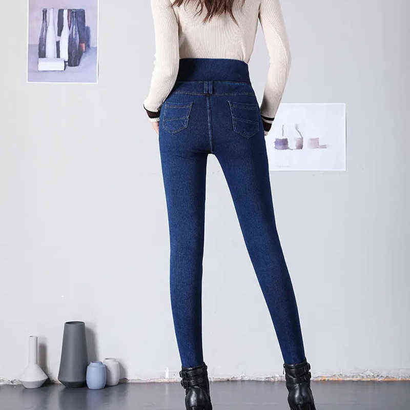 Winter blue skinny thick denim pencil pants women Casual solid colors elastic high waist warm jeans cowboy butt lifting legging 211112