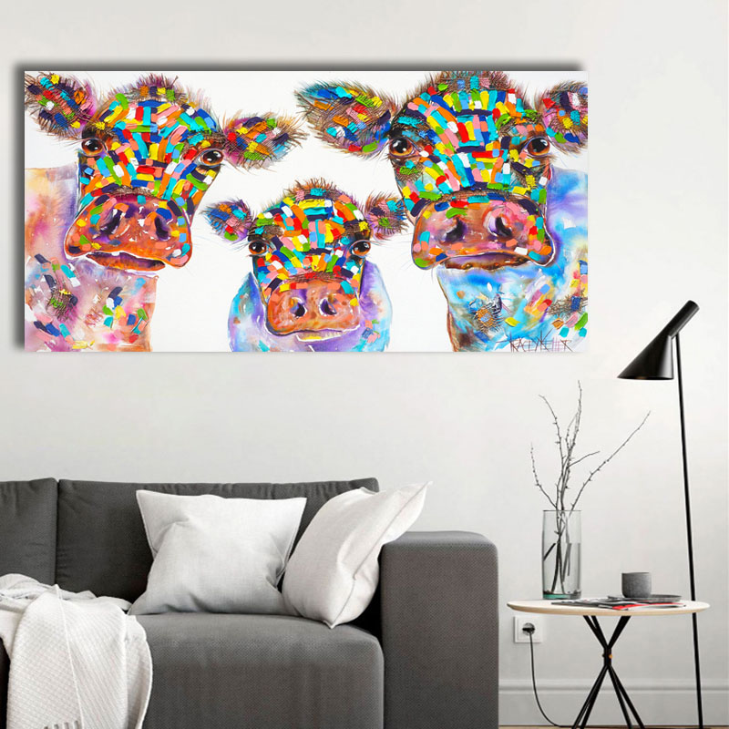 Cartoon Watercolor Canvas Painting Cow Family Wall Art Poster Prints Decorative Animal Picture Children Room Home Decor Unframed