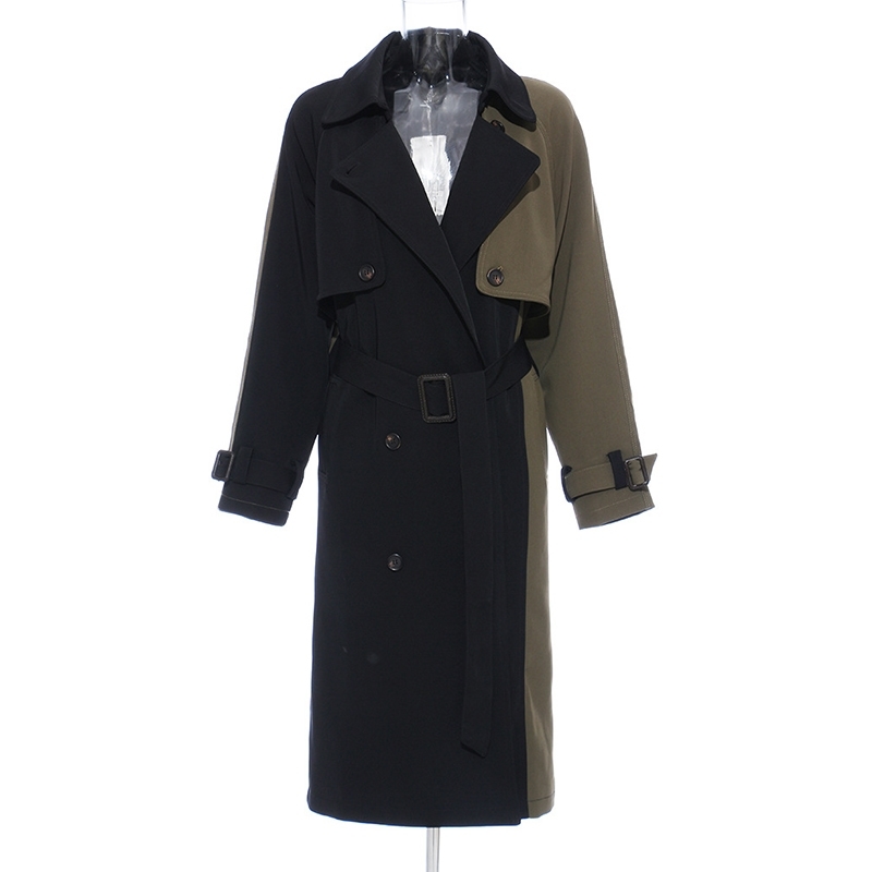 VGH Patchwork Hit Color Lapel Collar Trench Coats For Women Long Sleeve Double Breasted Windbreaker For Women Winter New 210421