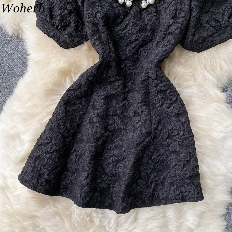 Elegant Dress Women Pearl Peter Pan Collar Puff Sleeve Mini Dresses Summer Robe Fashion Slim Waist White Vestidos 4h869 210519