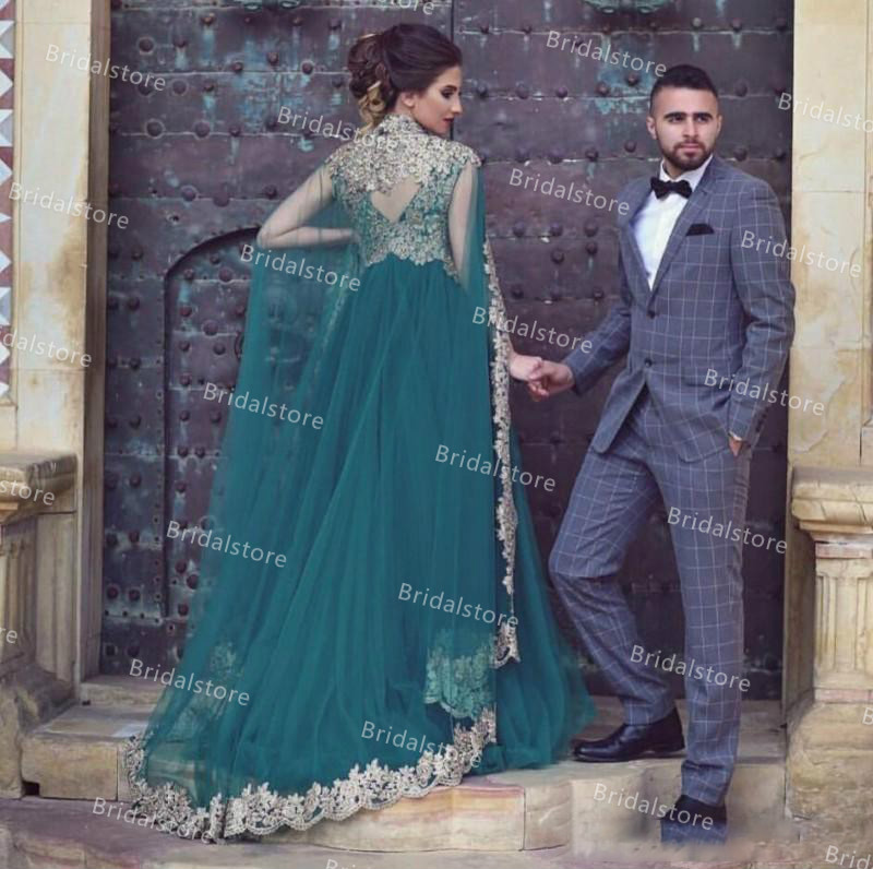 Hunter Green Muslim Evening Dresses With Caped Gold Appliques Arabic Dubai Prom Dress 2021 Sexy Open Back Tulle Second Party Engagement Gowns robe de 