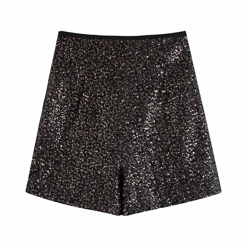 Evfer Autumn Stylish Lady Shinny Sequined Club Style Shorts Women Fashion Elastic High Waist Short Pants Female Casual 210421