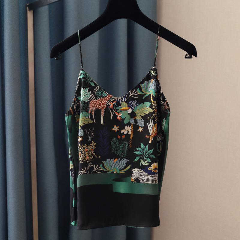 National Style Spring Summer Women Sexy Spaghetti Strap Tank Top Vintage Print Camis Femme chiffon V Neck Tops S808 210625
