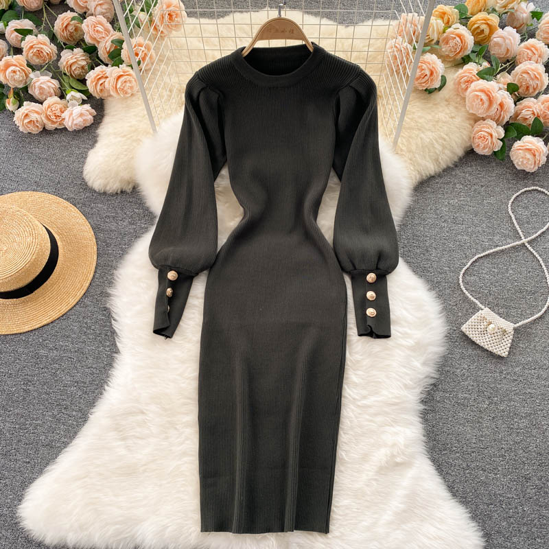 New design womens autumn puff long sleeve o-neck knitted solid color knee length sweater dress bodycon tunic pencil dress