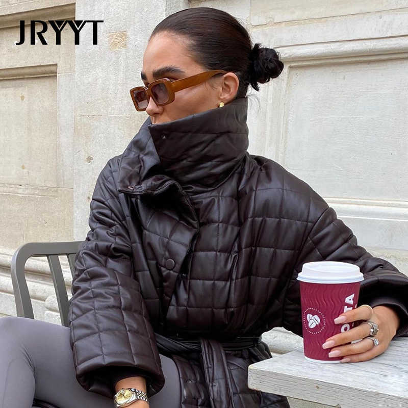JRYYT PU Leather Oversized Belted Coats Women Winter Button Cotton Padded Parkas Mujer Office Lady Pocket Jackets Femme 210819