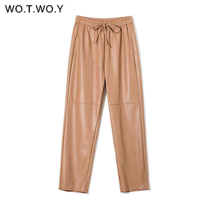 WOTWOY Drawstring High Waist Loose Leather Pants Women Autumn Winter Full Length Casual Straight Trousers Female Black 211115