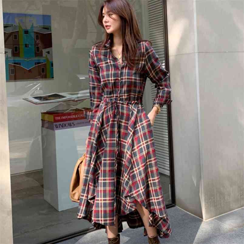 Vintage Spring Elegant Plaid Dress For Women Turn down Collar Long Sleeve High Waist With Sashes Irregular Casual Dresses 210519