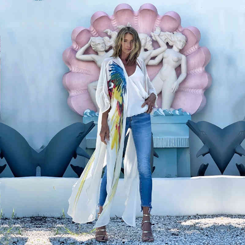 Boho Parrot Printed Bikini Cover-ups White Chiffon Tunic Plus Size Long Kimono Women Beach Wear Swim Suit Cover Up A875 210420