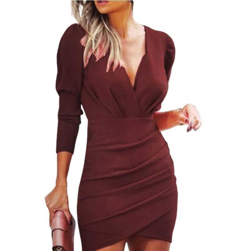 Women's Dress Sexy V Neck Pleated Long Sleeve Bodycon es Spring Elegant Slim Wrap Hips Mini es Ladies Club Party 210526