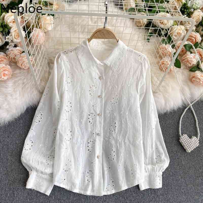 Neploe Chic Blouses Women Heavy Hollow Out Embroidery Shirts Lantern Sleeve Sweet White Blouse Korean Blusas Mujer De Moda 210422