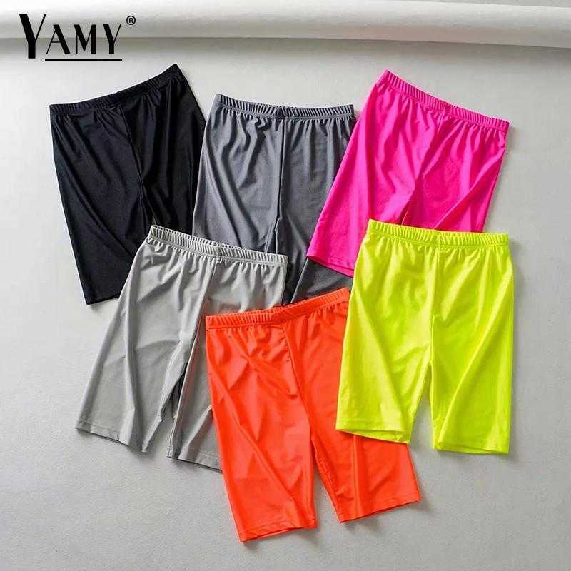 Reflective shorts women high waist summer punk sweatpants biker neon green orange Elastic black 210625