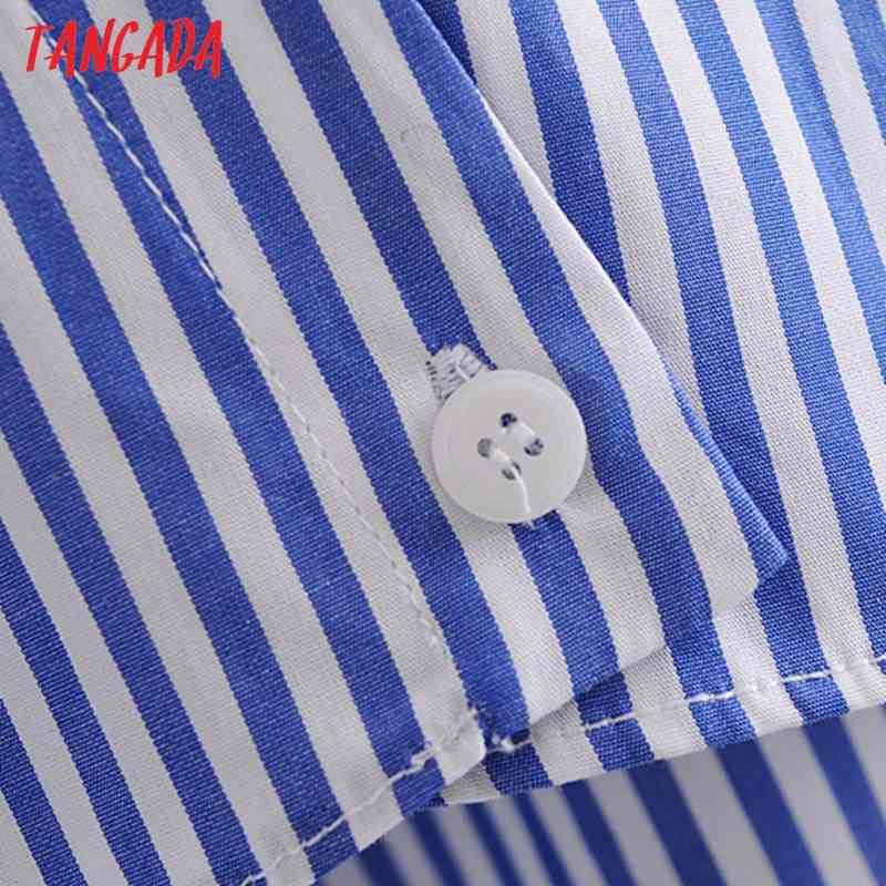 Women Retro Blue Striped Print Crop Long Sleeve Chic Female Short Blouse Shirt Tops 3H75 210416