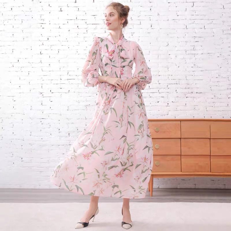 Fashion Runway Long Sleeve Dress Women's Bow Tie Chiffon Lily Flower Print Casual Holiday Elegant Maxi Beach 210421