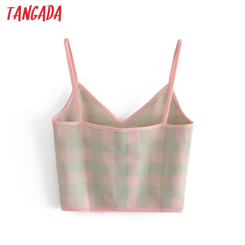 Women Plaid Pattern Knit Camis Crop Top Spaghetti Strap Sleeveless Backless Short Shirts Female Casual Tops 3H272 210416