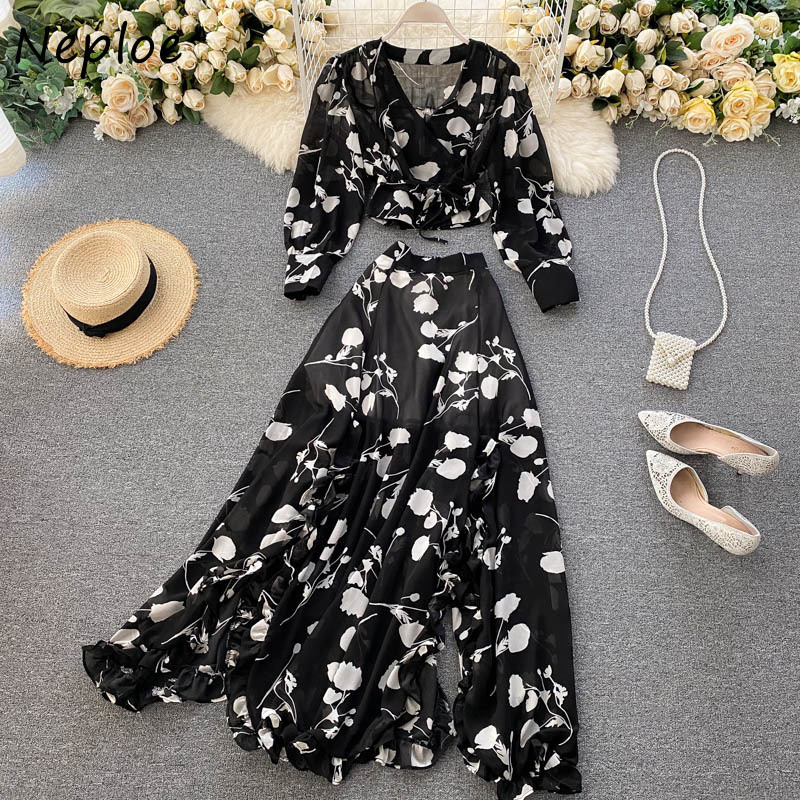 Autumn 2 Piece Set V-neck Drawstring Chiffon Blouse + High Waist Fungus Patchwork Flower Print Split Skirt Suit Women 210430