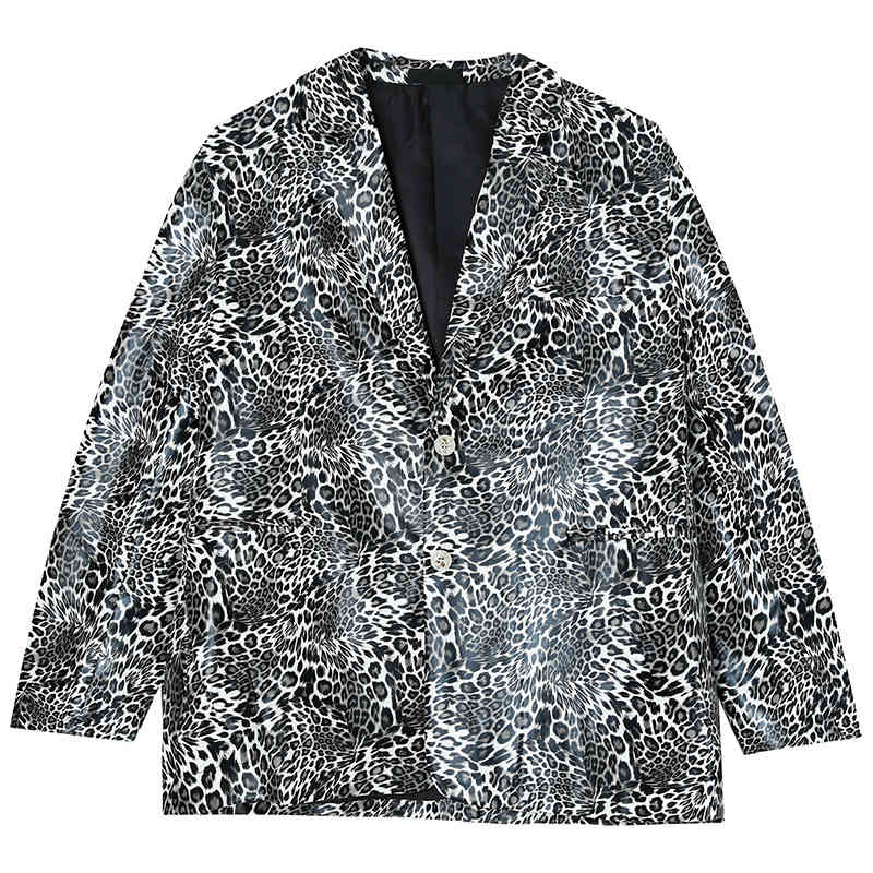 IEFB Men's Clothing Trend Leopard Print PU Leather Casual Jacket Vintage Noched Collar Long Sleeve Suit Coat 9Y7305 210524
