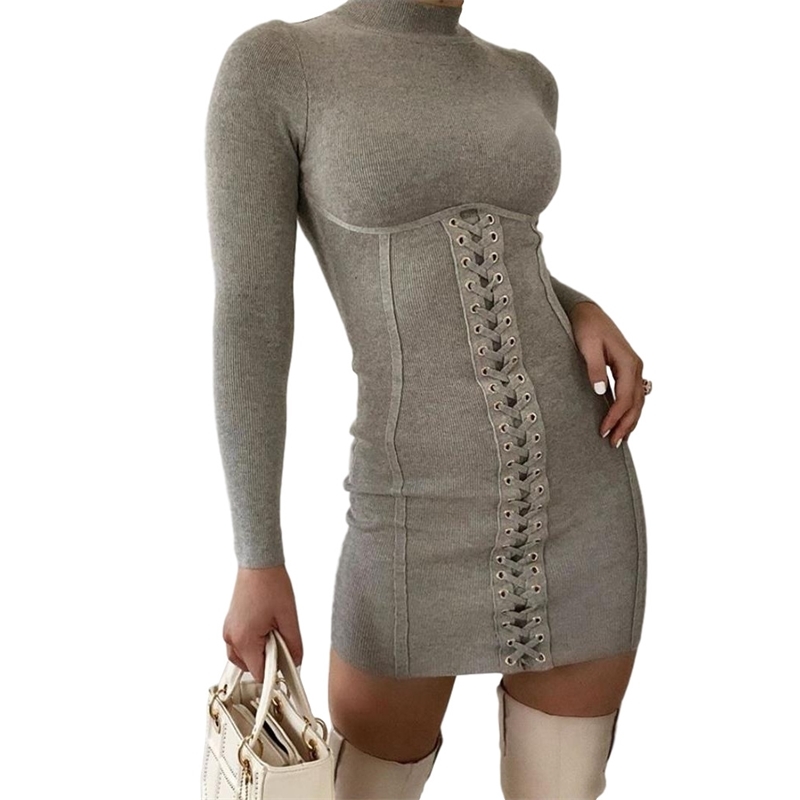 European and American spring and autumn women's round neck long sleeve bandage slim dress women dress 210602