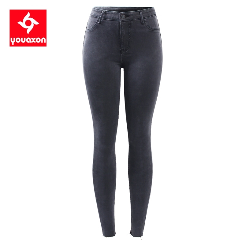 

2231 Youaxon -XXXXL EU Size Dark Grey Jeans Women` Plus Stretchy Denim Pencil Skinny Pants Trousers For Women 210708, Ripped knees