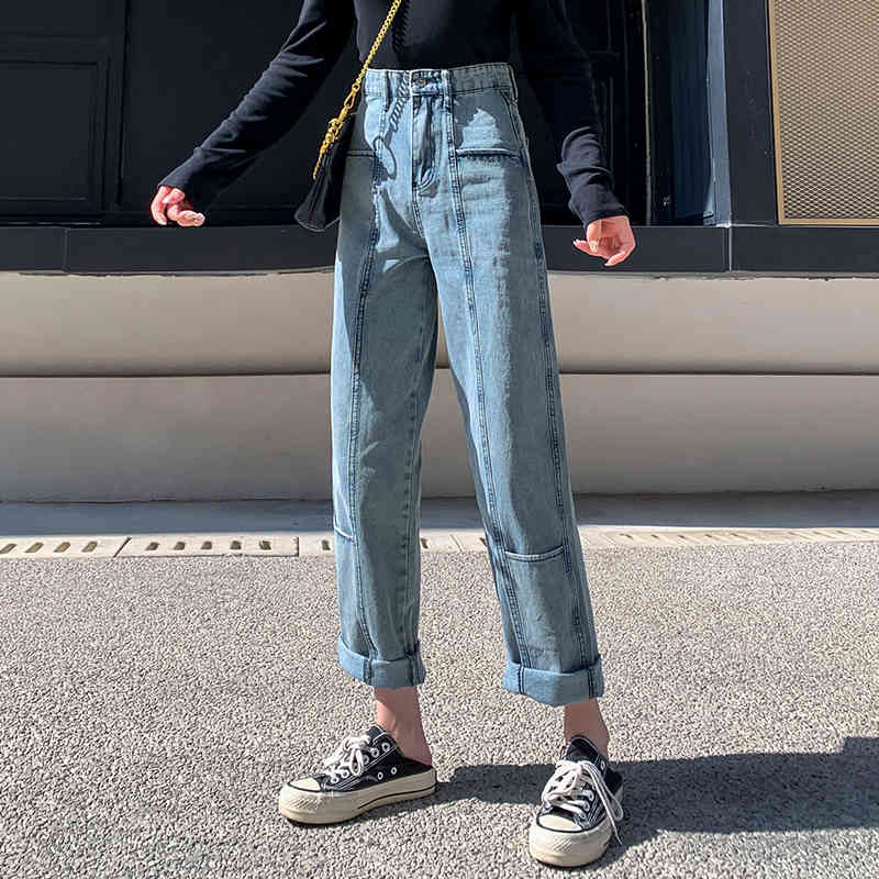Korean Style Women Allmatch Loose High Waist Straight Wide Leg Pants Fashion Blue Jeans Full Length Trousers 10733 210417
