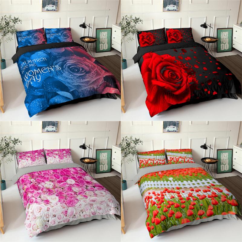 Rose Flower Bedding Sets 2/3 Pcs King Queen Size Beautiful Woman Duvet Cover Set Print Comforter Funda De Edredón