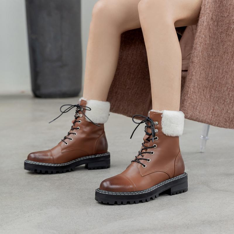 Boots Leather Snow Women Autumn Winter Cross Strap Low Square Heels Motorcycle Female Brown Back Sewing Wool Ankle Boot