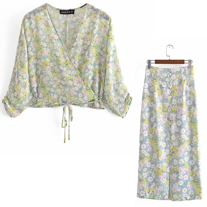 Women Two Piece Set Printed Shirt & Slit Midi Skirt Fashion Casual Woman 2 210517