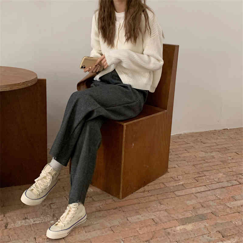 Black High Waist Straight Pants Women Solid Chic Woolen Elegant Minimalist All Match Casual Trousers 210421