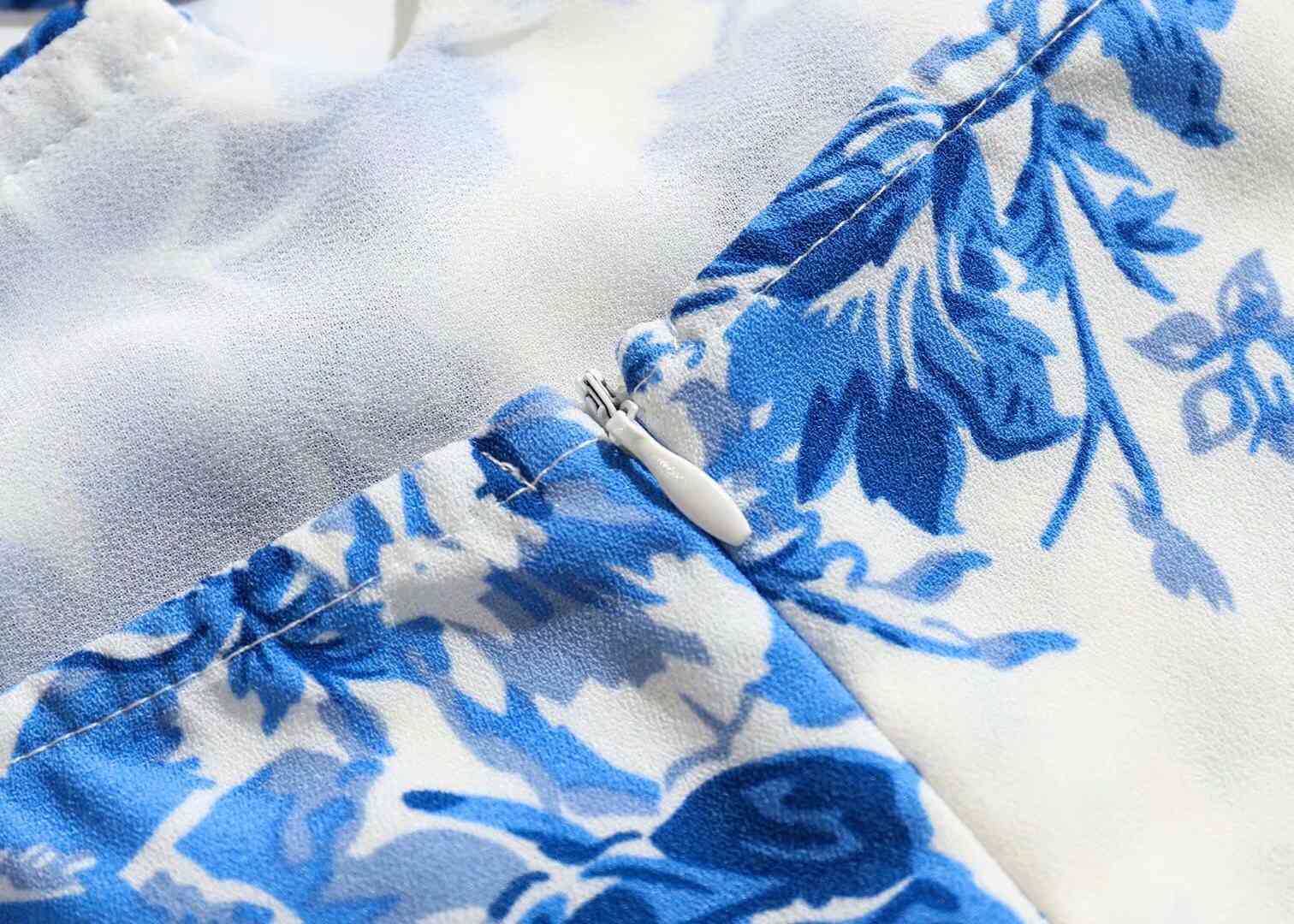 Sexy French Blue Floral Print Spaghetti Strap Women Mini Dress Back Zipper Cross Lacing Up Collar Sling Holiday Dresses 210429