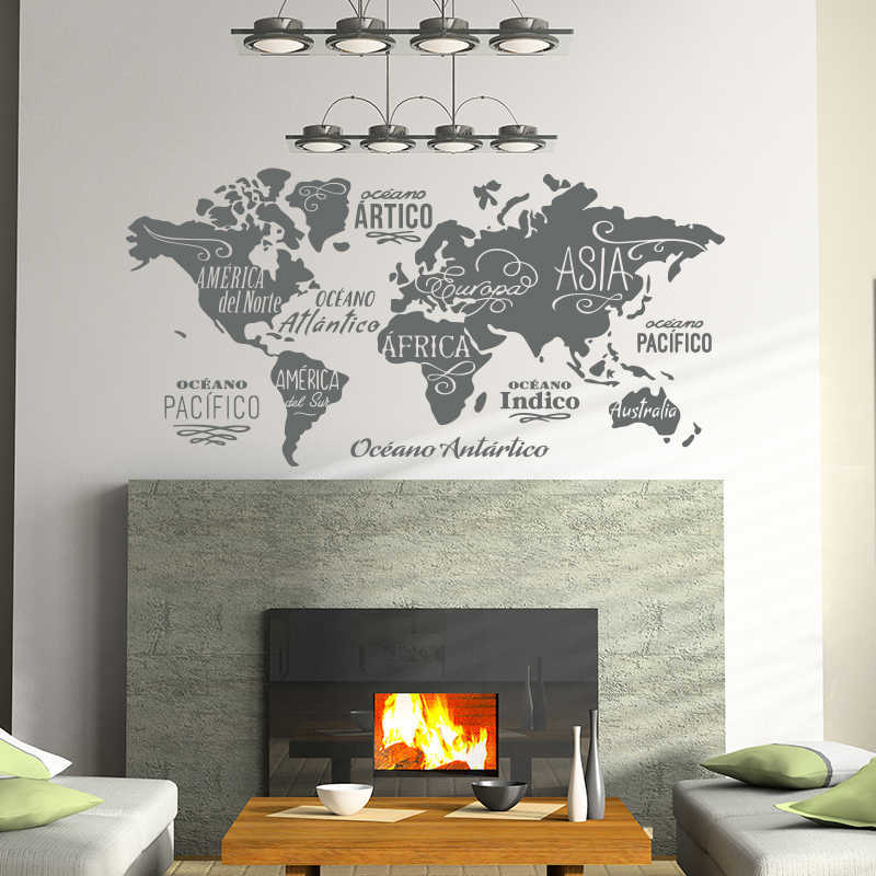 World map in words vinyl wall sticker Oceans and Continents in spanish home decor wall decals DIY house decor for living room 210929
