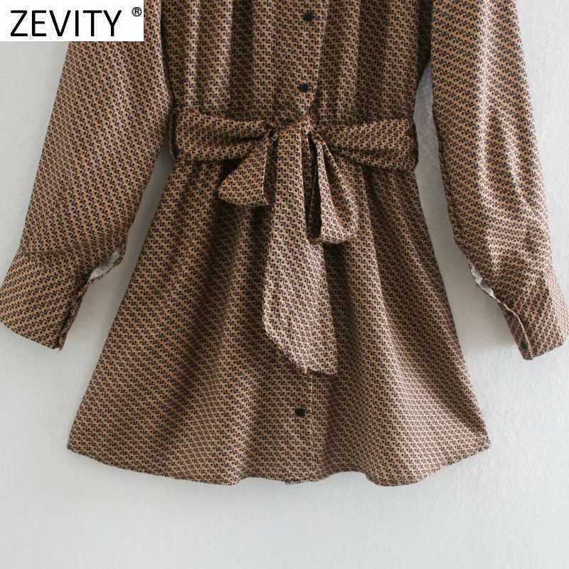Zevity Women Vintage Turn Down Collar Geometric Print Bow Sashes Shirt Dress Femme Long Sleeve Breasted Vestido Cloth DS4671 210603