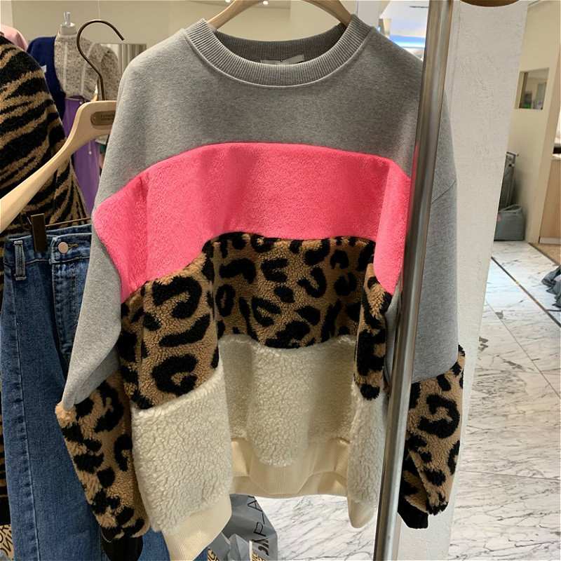 Kimutomo Women Fashion Sweatshirts Chic Korean Spring Autumn Contrast Color Panelled Patchwork Leopard Pullovers 210521