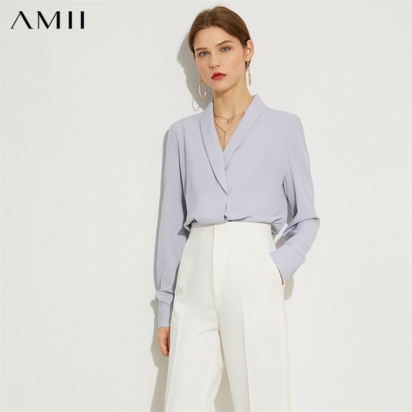 Minimalism Autumn Olstyle Chiffon Solid Women Blouse Tops Causal Vneck Full Sleeve Loose Female 1317 210527