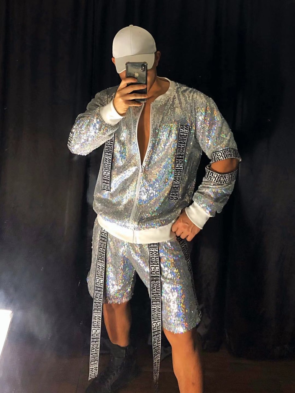 Men's Loose Silver Two-piece Set Hip Hop Dance Stage Wear Fashion Hollow Out Shiny Sequins Jacket Pants Baseball Suit Nightclub Tide Jazz Rock Pe