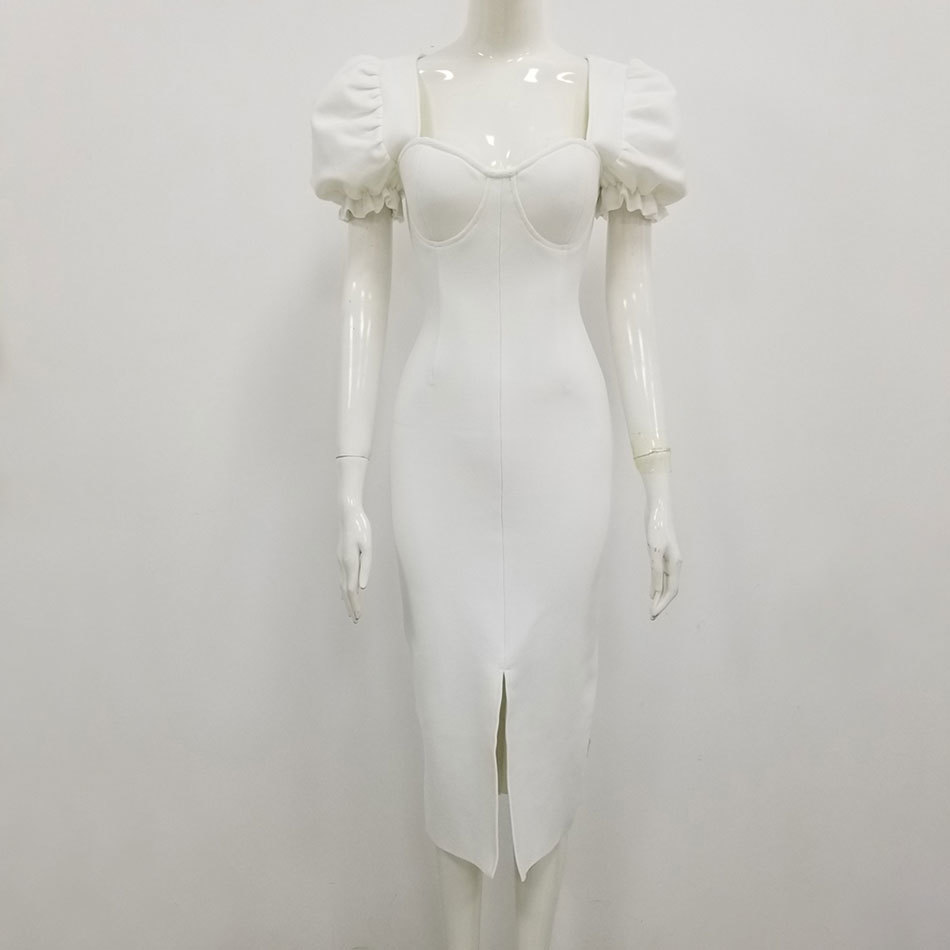 Free Elegant Ladies Bandage Dress V-neck Bubble Short Sleeve Bodycon Split Celebrity Club Party Vestidos 210524