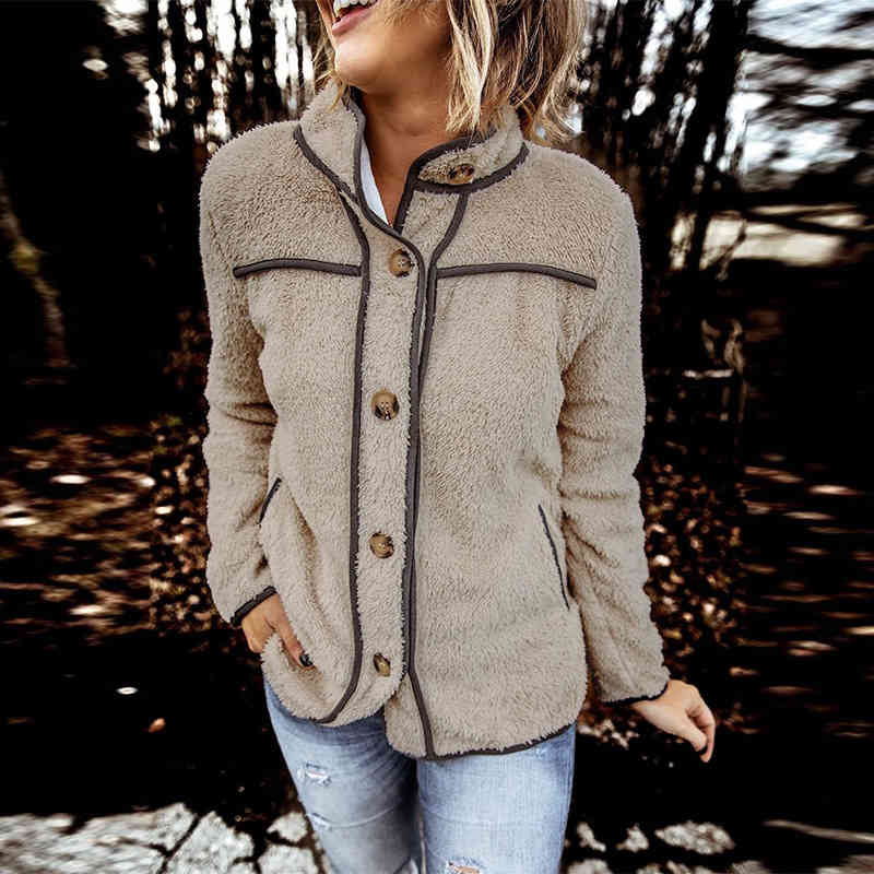 Coat Women Winter Faux Fur Coat Thick Plus Size Fluffy Pockets Plush Jacket Ladies Autumn Button placket Overcoat Outerwear 210515