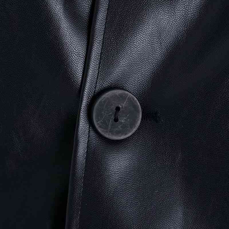 Women Black Bow Tie Pu Leather Skirt Elastic High Waist Elegant Ladies Front Split Buttons Midi Office s Faux 210515