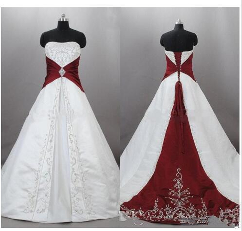 Vintage Embroidery A Line Wedding Dress Dark Red And White Bride Dresses 2022 Strapless Satin Lace Up With Trains Plus Size Long Country Bridal Gowns 