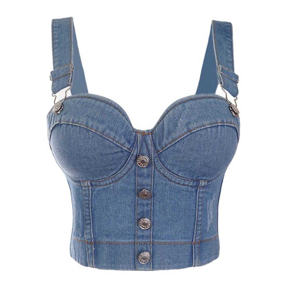 SXTHAENOO Fashion Sexy Denim Jeans Women's Button Bustier Bra Night Club Party Cropped Top Vest Plus Size 210625