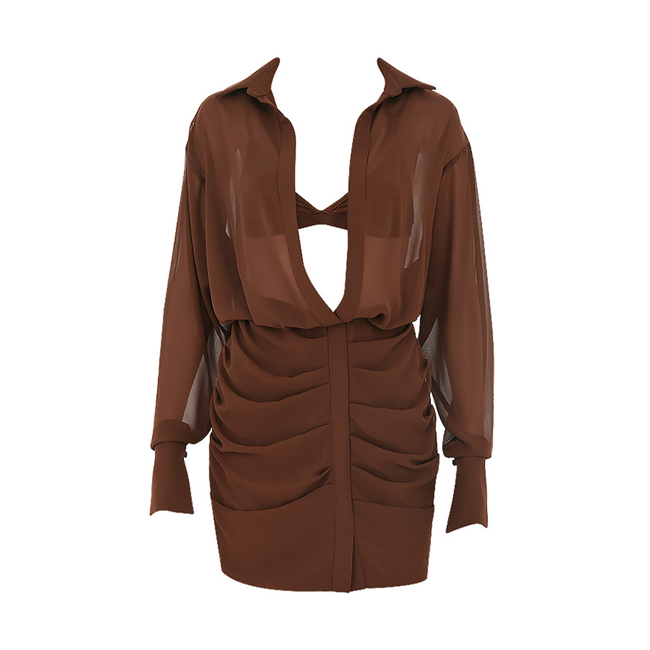 Summer High-Quality Women'S V-Neck Long-Sleeved Chocolate Color Chiffon Shirt Mini Dress Sexy Party 210525