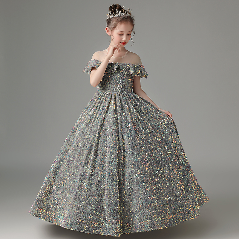 Fancy Light Sky Blue Flower Girls' Dresses Sheer Neckline Sparkling Shining Sequins Fabric Ball Gown Girl's Party Gowns