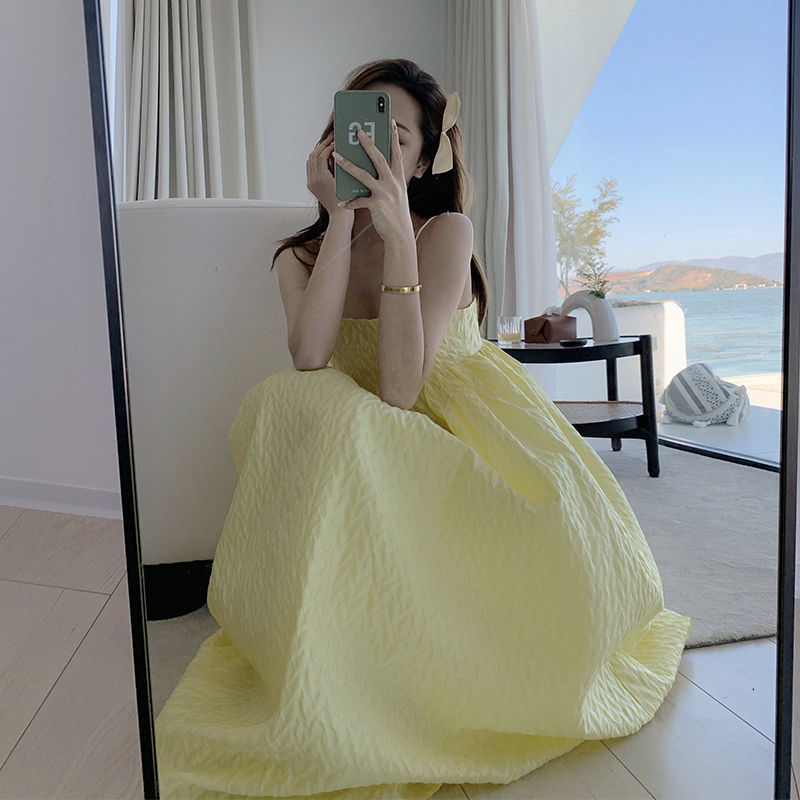 Yellow Beach Midi Dress Women Sleeveless Elegant Strap Dress Casual Females Office Lady Dress Korean Summer Chic 210521