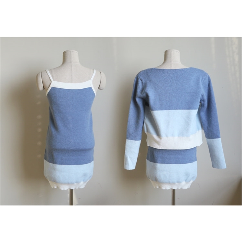 Fashion Women's Knitted Long Car Fashidigan Sling Color matching Slender Sweater round Neck Top Set Two-Piece Women 210506