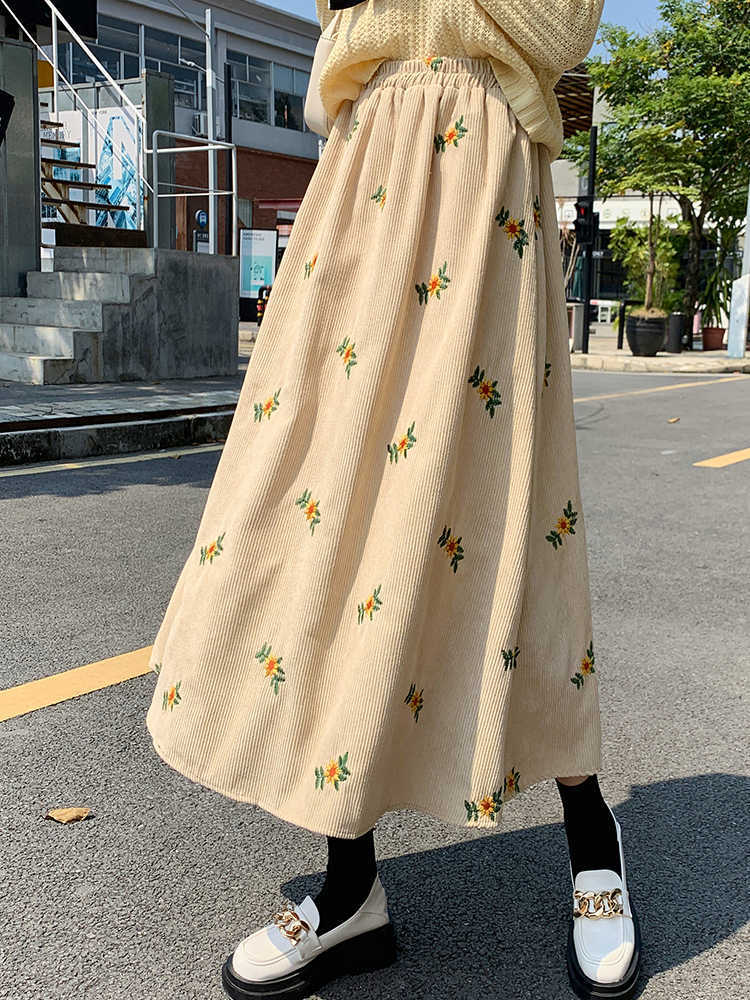 SURMIITRO Corduroy Midi Long Skirt Women Autumn Winter Korean Floral Embroidery Mid-Length High Waist A Line Skirt Female 211119
