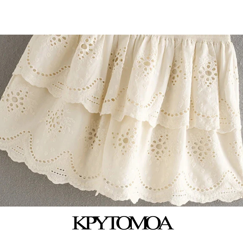 Women Chic Fashion Cutwork Embroidery Mini Skirt Vintage High Elastic Waist Ruffled Female Skirts Faldas Mujer 210416